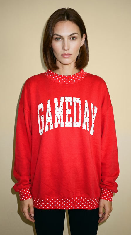 Red Gameday Sweater with Polka Dot Trim
