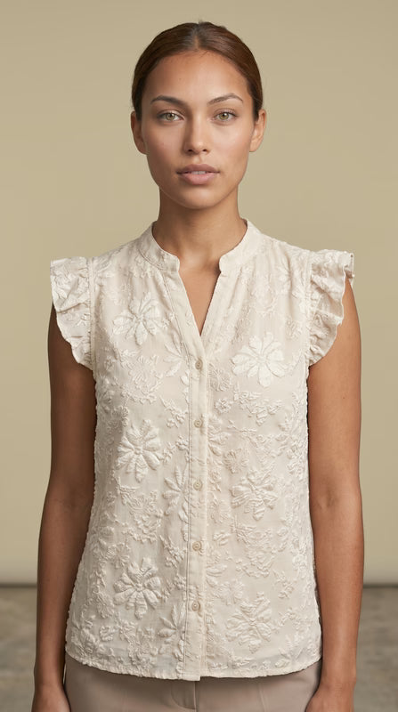 Ruffle Button Down Beige Blouse with Floral Design-