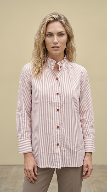 Stripe Button Down Shirt Ruffle-Salmon