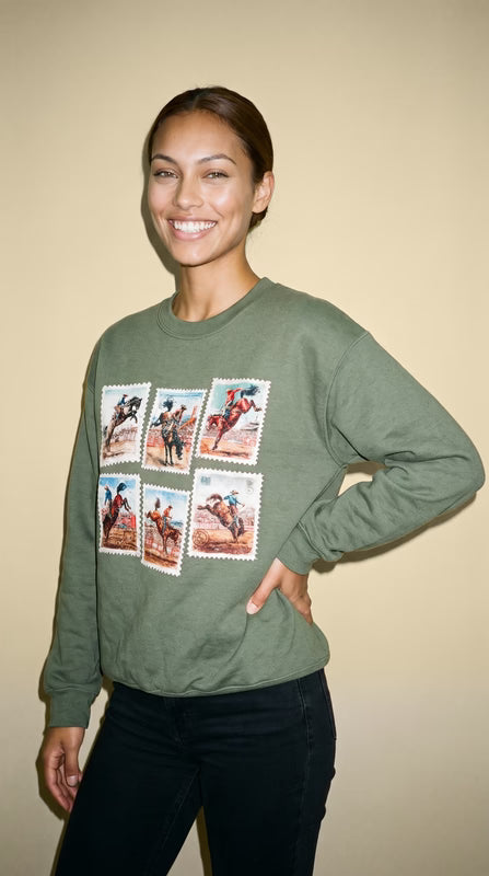 Rodeo Cowboy Postage Stamp Crewneck