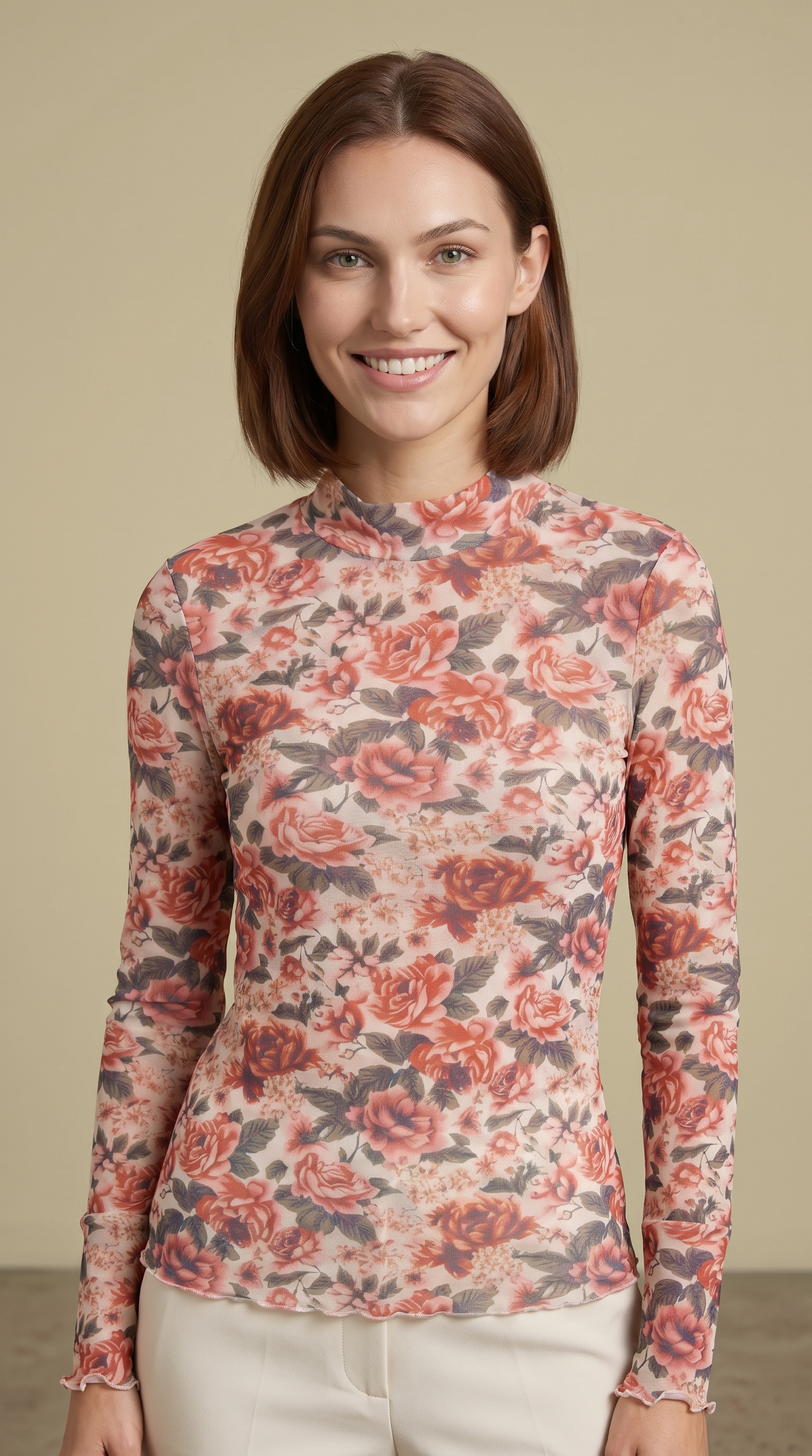 66Disco Floral Print Mesh Mock Neck Top