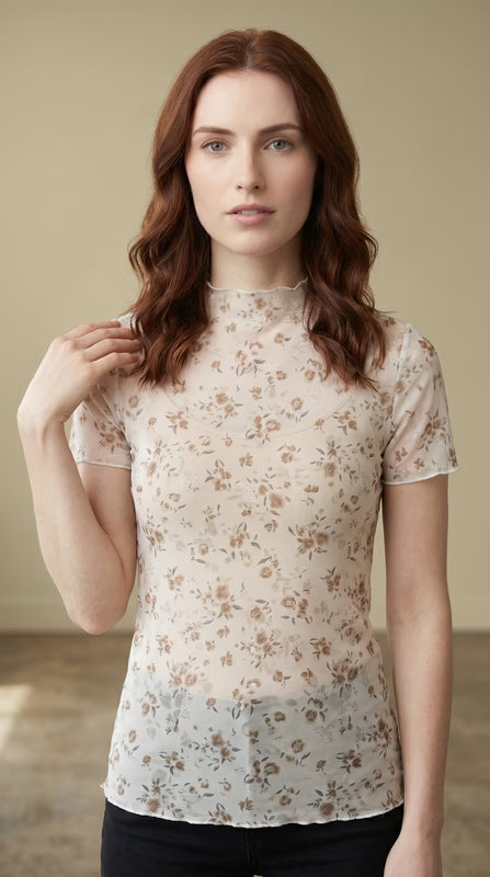 Floral Mock Neck Short Sleeve Lace APLA25136657