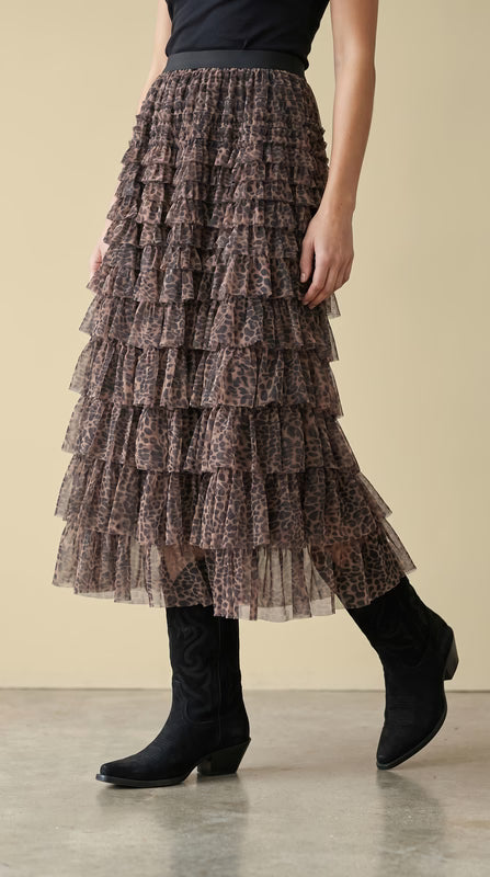 Long Tiered Ruffle Leopard Skirt
