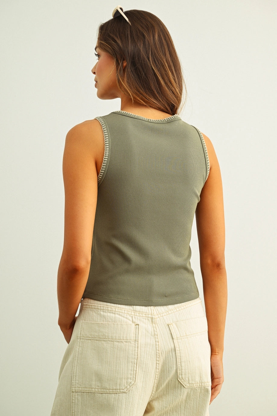 Miou Muse Ribbed Tank Stitch Detail- Olive T6703