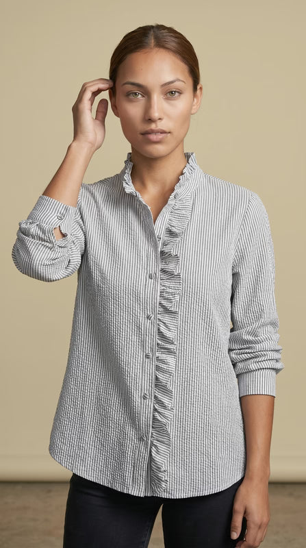 Ruffle Button Down Long Sleeve Stripe Blouse