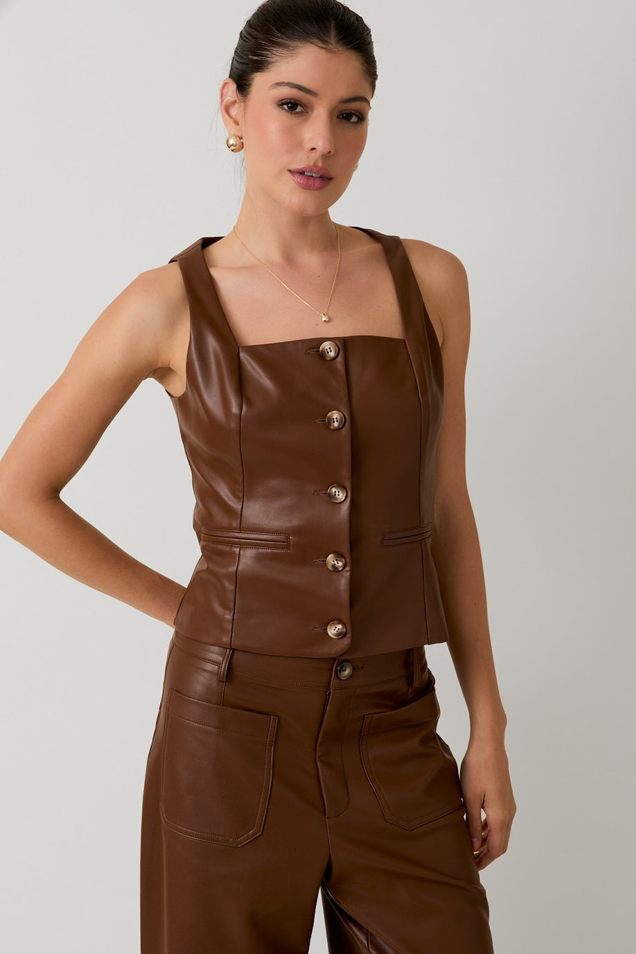 Sunday Edition Faux Leather Vest- Brown- MT10505