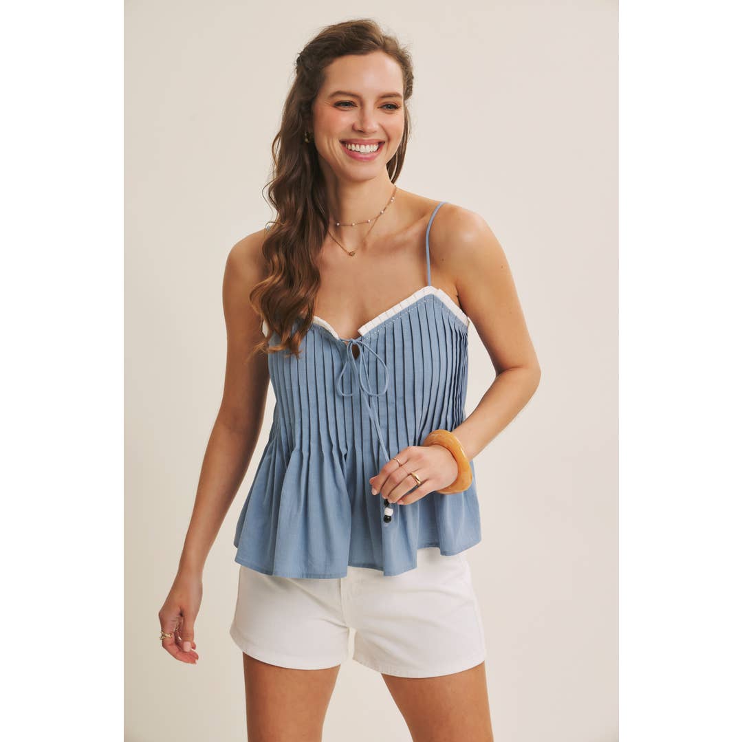 In February Pleated Blue Tank-J2993T