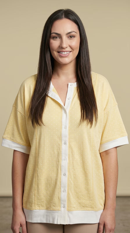 Sewn and Seen Women's Yellow Polka Dot Button-Front Top