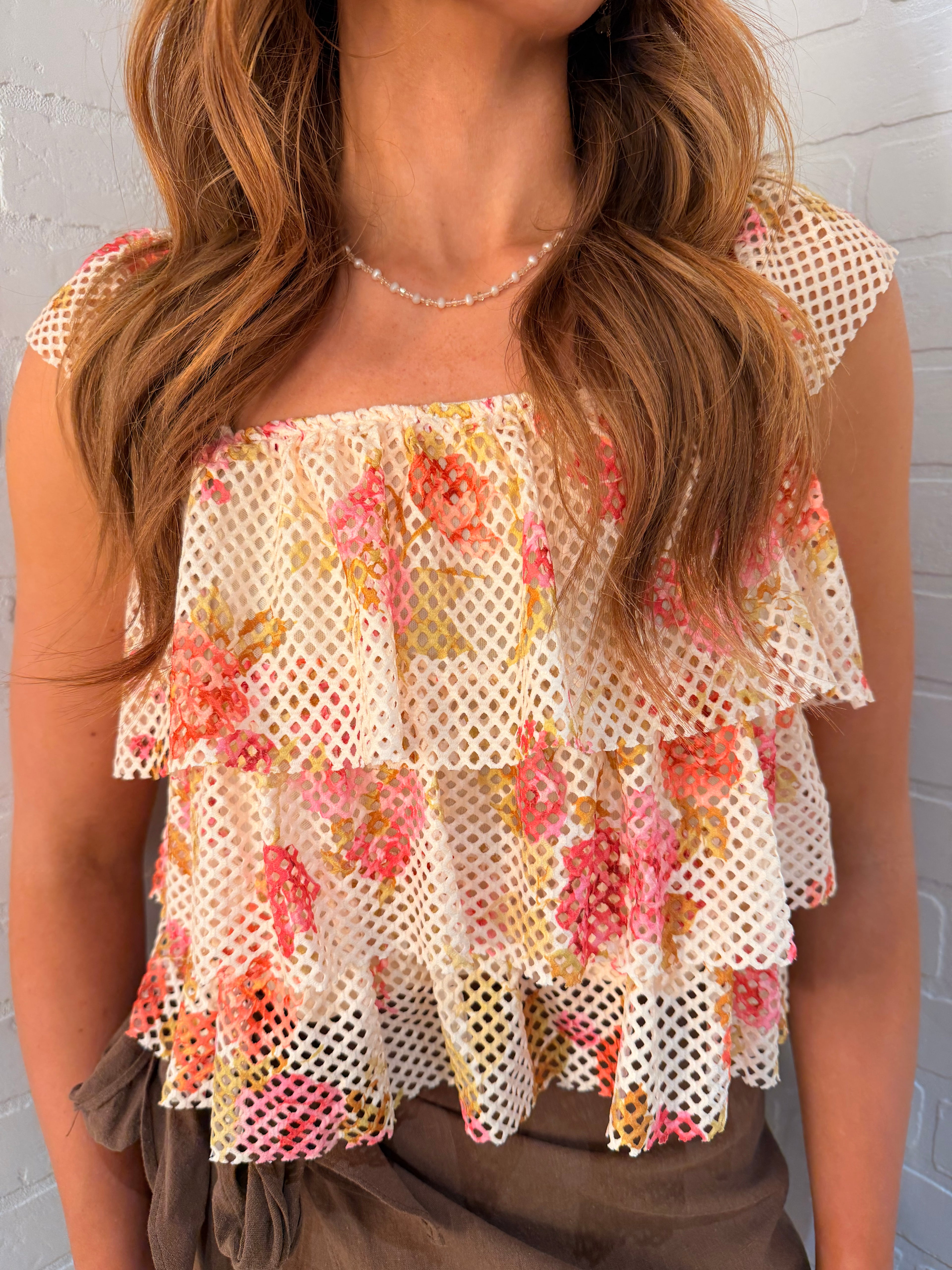 Kori America Floral Mesh Tiered Top KCT1887A
