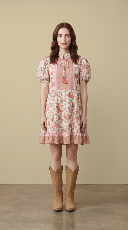 Ruffle Short Sleeve Babydoll Floral Dress- Coral