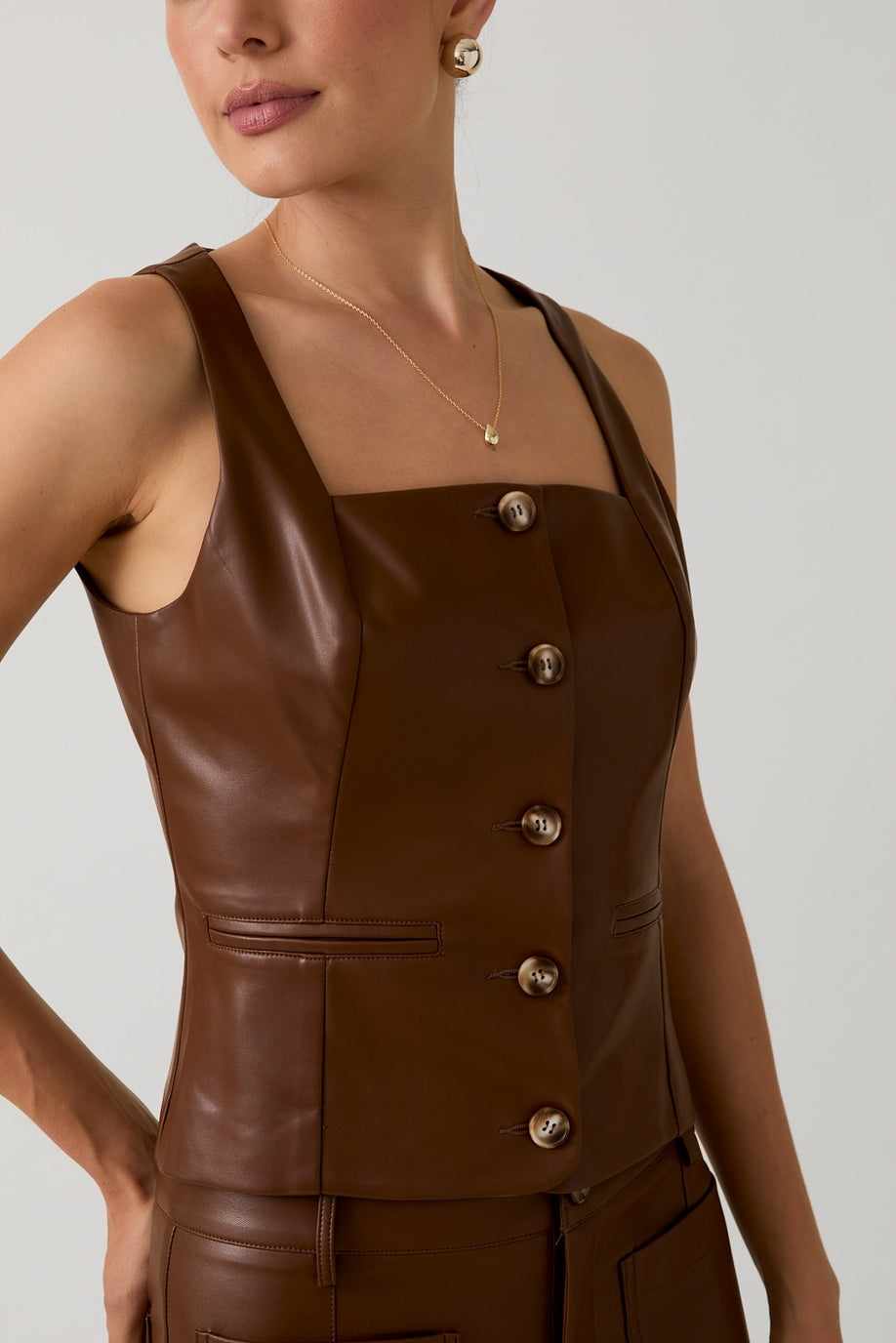 Sunday Edition Faux Leather Vest- Brown- MT10505