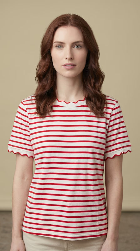 Red Stripe Scalloped Round Neck T shirt