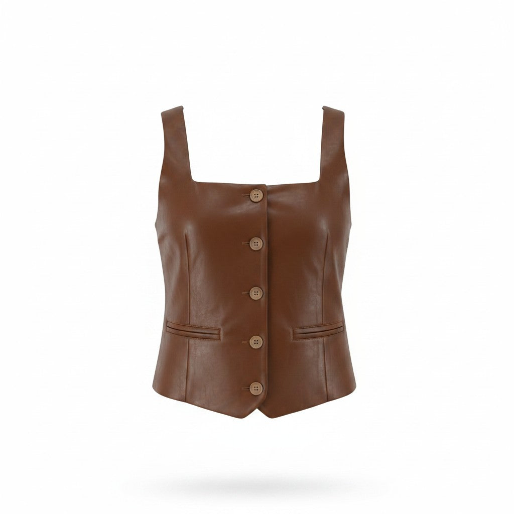 Sunday Edition Faux Leather Vest- Brown- MT10505