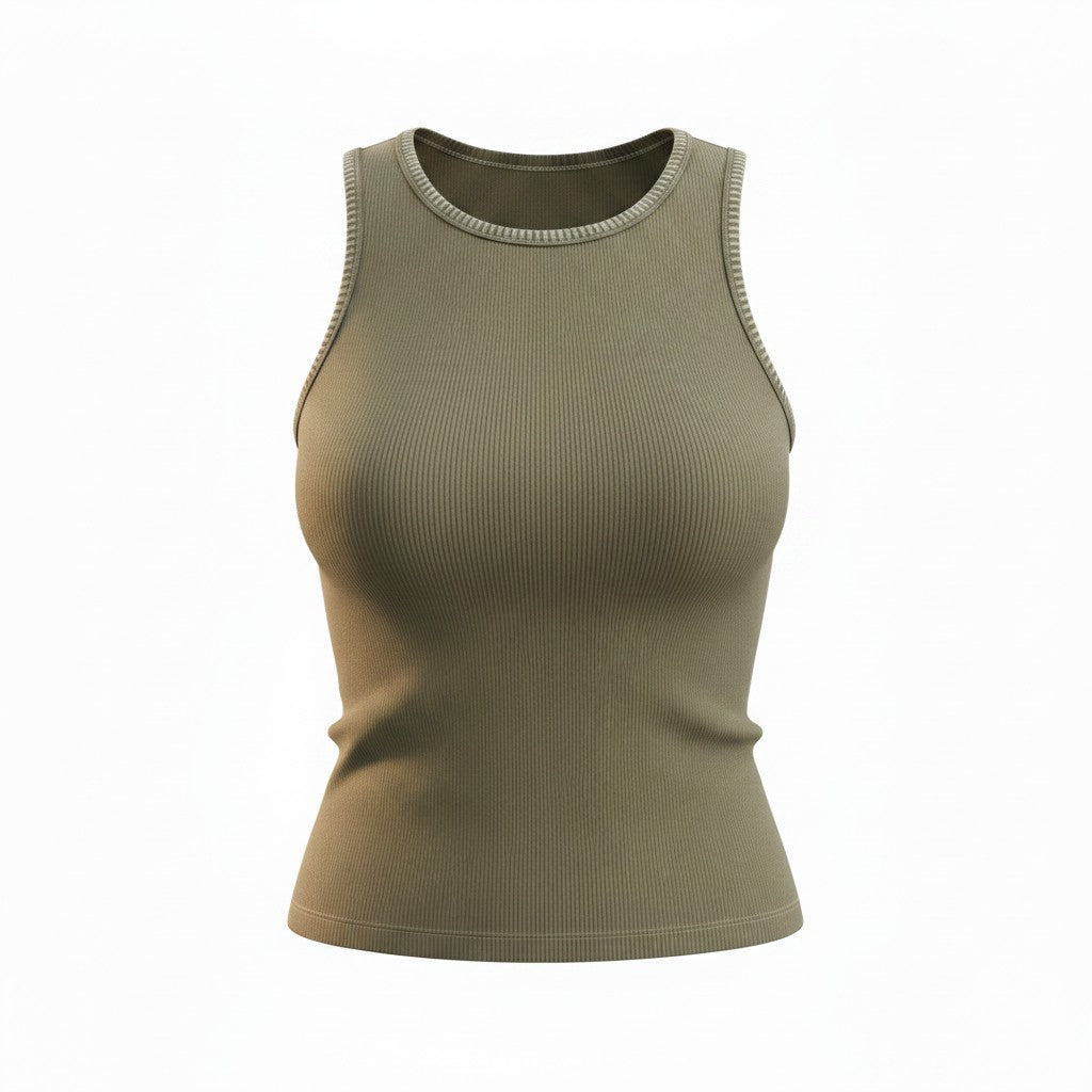 Miou Muse Ribbed Tank Stitch Detail- Olive T6703