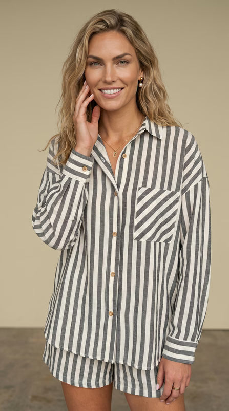 Miou Muse Black Stripe Button Shirt T6383ST