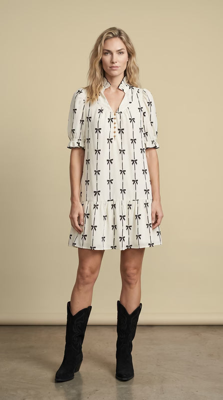 Beige Bow Print Bubble Sleeve Dress