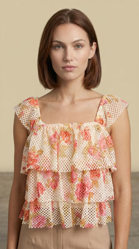 Kori America Floral Mesh Tiered Top KCT1887A