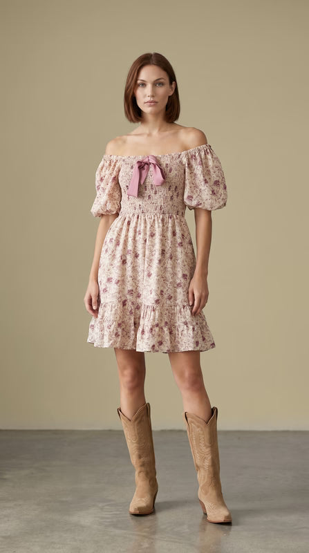 Bubble Sleeve Winterberry/Tan Floral Dress